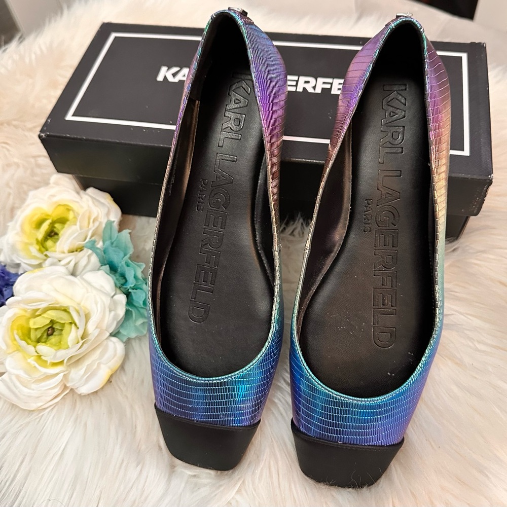 Karl Lagerfeld Paris Zayna MultiI Colored Metallic Black Flats Sz 9M NEW! FIRM! - Picture 4 of 10